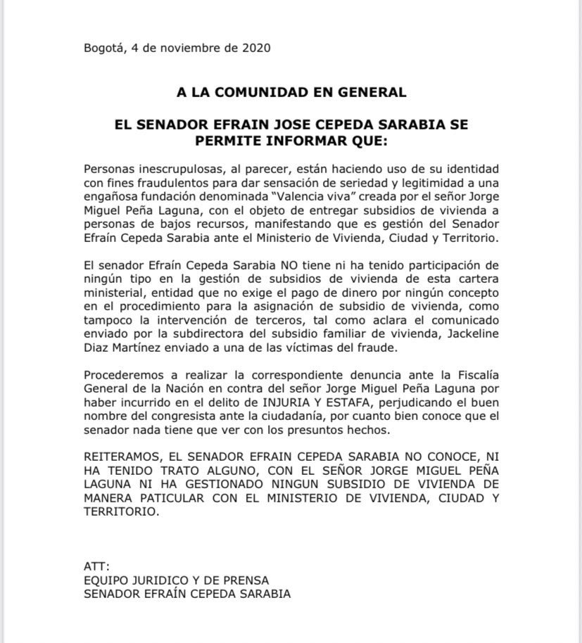 Comunicado a la opinión pública del equipo jurídico del senador Efraín Cepeda.